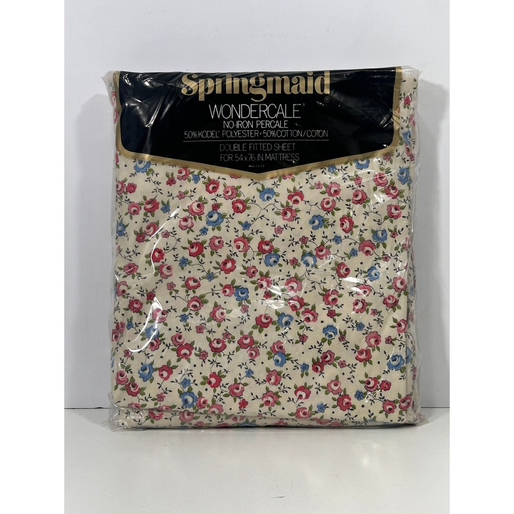 Springmaid Wondercale Vintage Floral Double Fitted Sheet Pink Blue Roses New